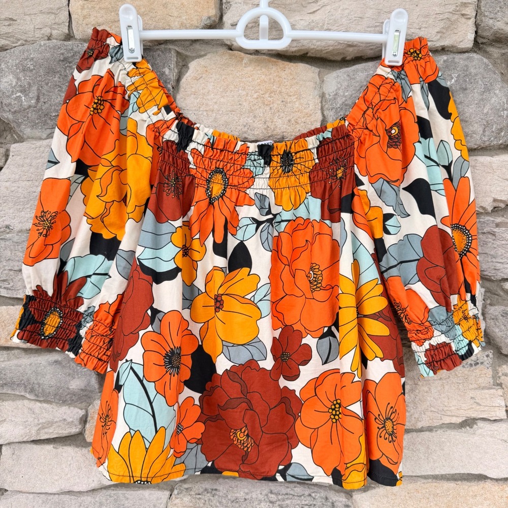 BB Dakota by Steve Madden Retro Floral Smocked Off-Shoulder Crop Top L